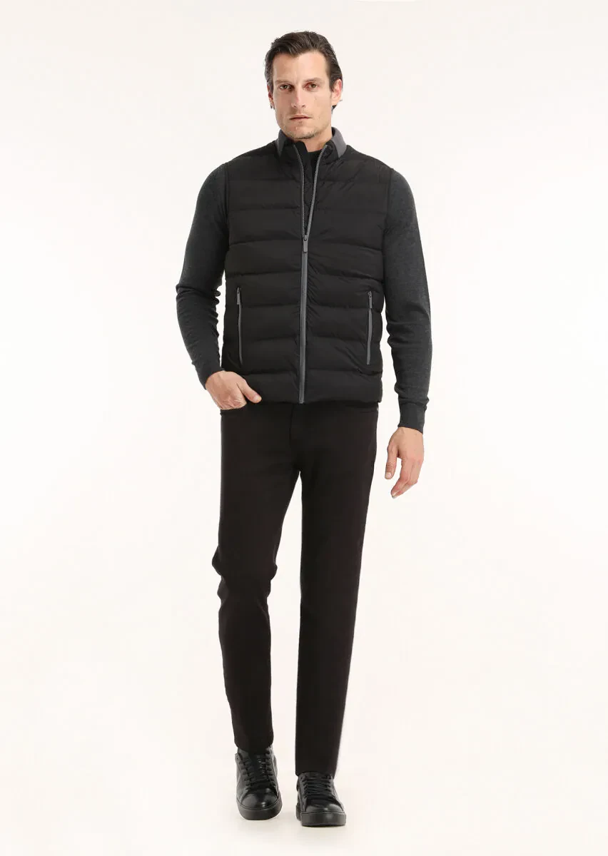 Siyah Regular Fit Dik Yaka Casual Dokuma Spor Yelek - 1