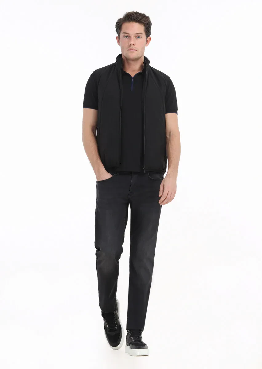 Siyah Regular Fit Dik Yaka Casual Dokuma Spor Yelek - 1