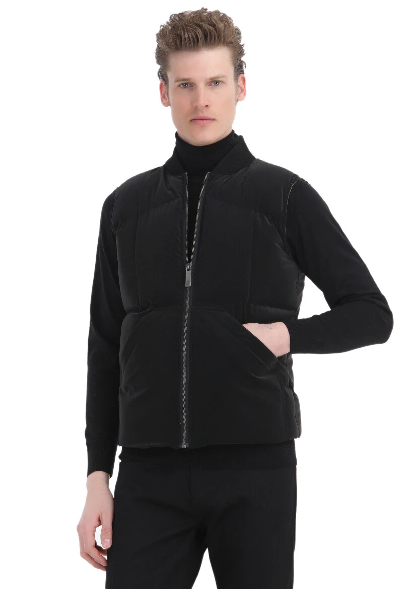 Siyah Regular Fit Dik Yaka Casual Dokuma Spor Yelek - 3