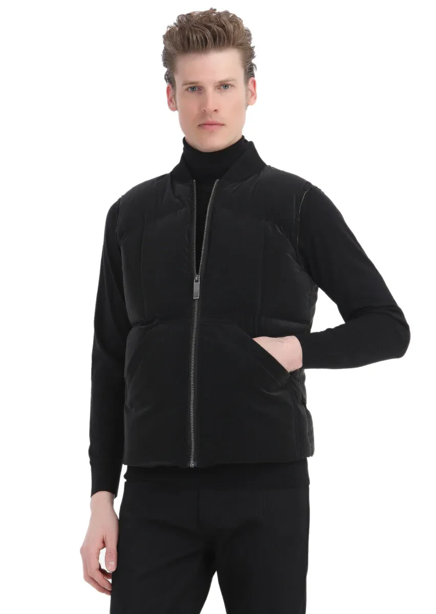 Siyah Regular Fit Dik Yaka Casual Dokuma Spor Yelek - 3