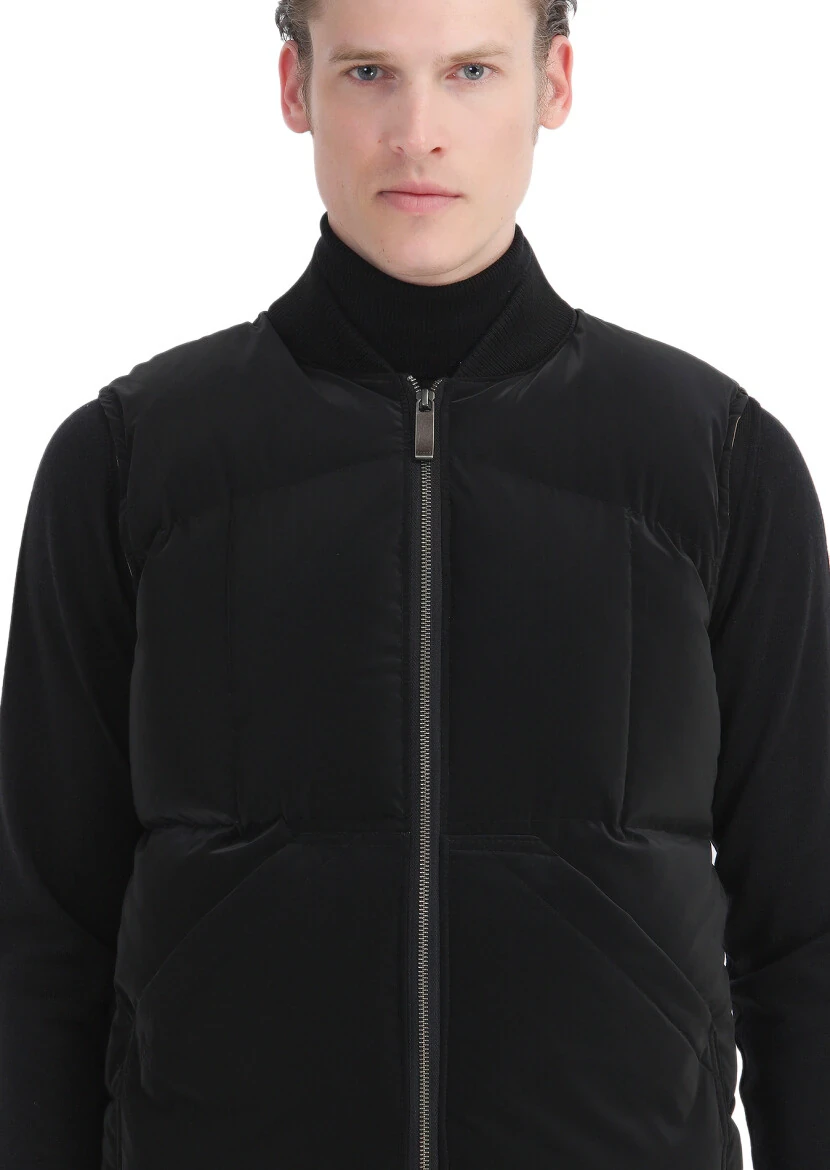 Siyah Regular Fit Dik Yaka Casual Dokuma Spor Yelek - 4