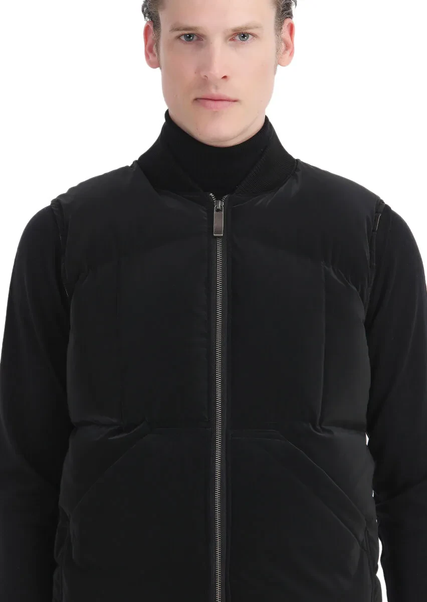 Siyah Regular Fit Dik Yaka Casual Dokuma Spor Yelek - 4