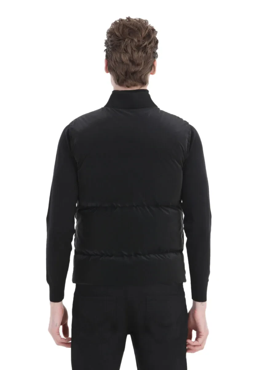 Siyah Regular Fit Dik Yaka Casual Dokuma Spor Yelek - 5