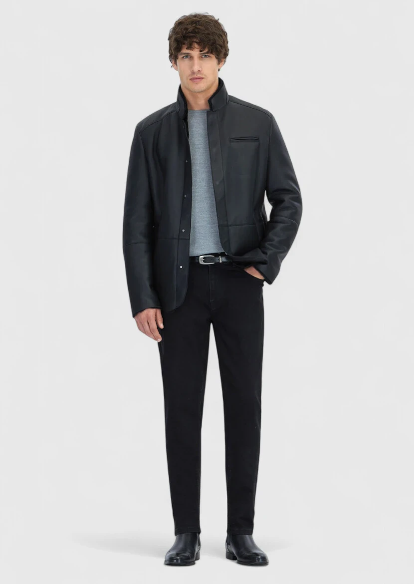 Siyah Regular Fit Dik Yaka Casual Koyun Kürkü Deri Mont - RAMSEY