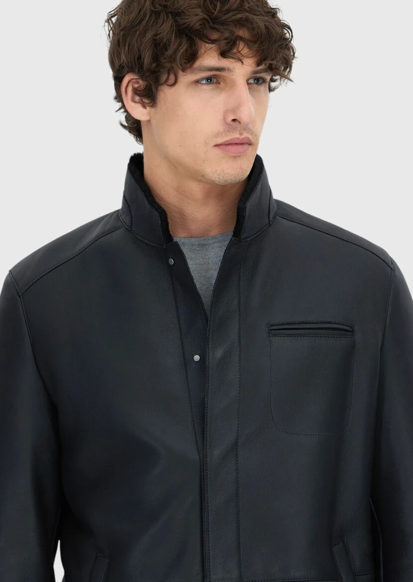 Siyah Regular Fit Dik Yaka Casual Koyun Kürkü Deri Mont - 4