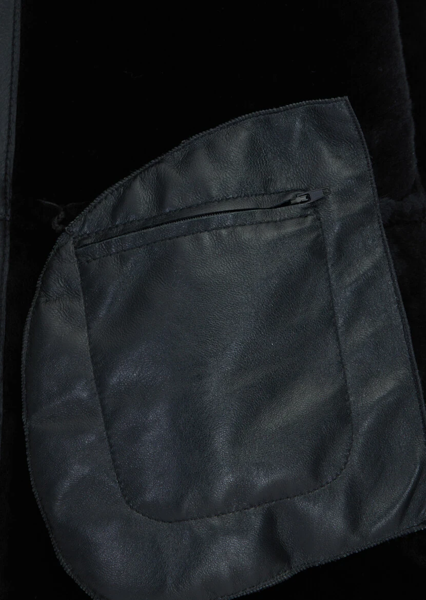 Siyah Regular Fit Dik Yaka Casual Koyun Kürkü Deri Mont - 6