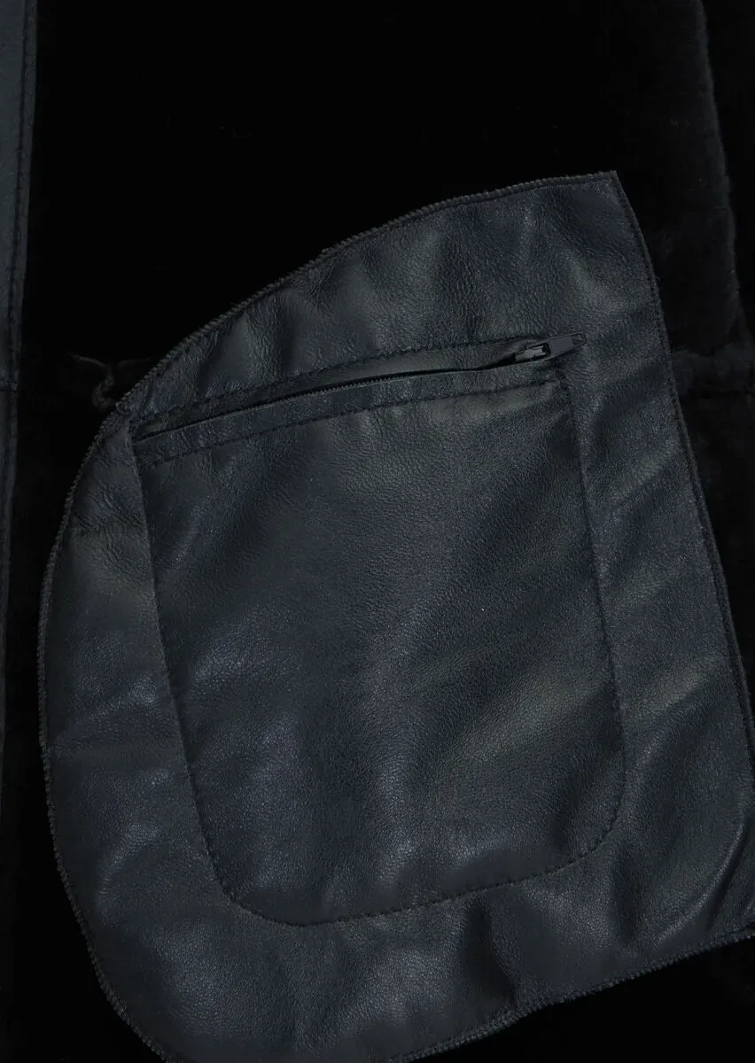 Siyah Regular Fit Dik Yaka Casual Koyun Kürkü Deri Mont - 6