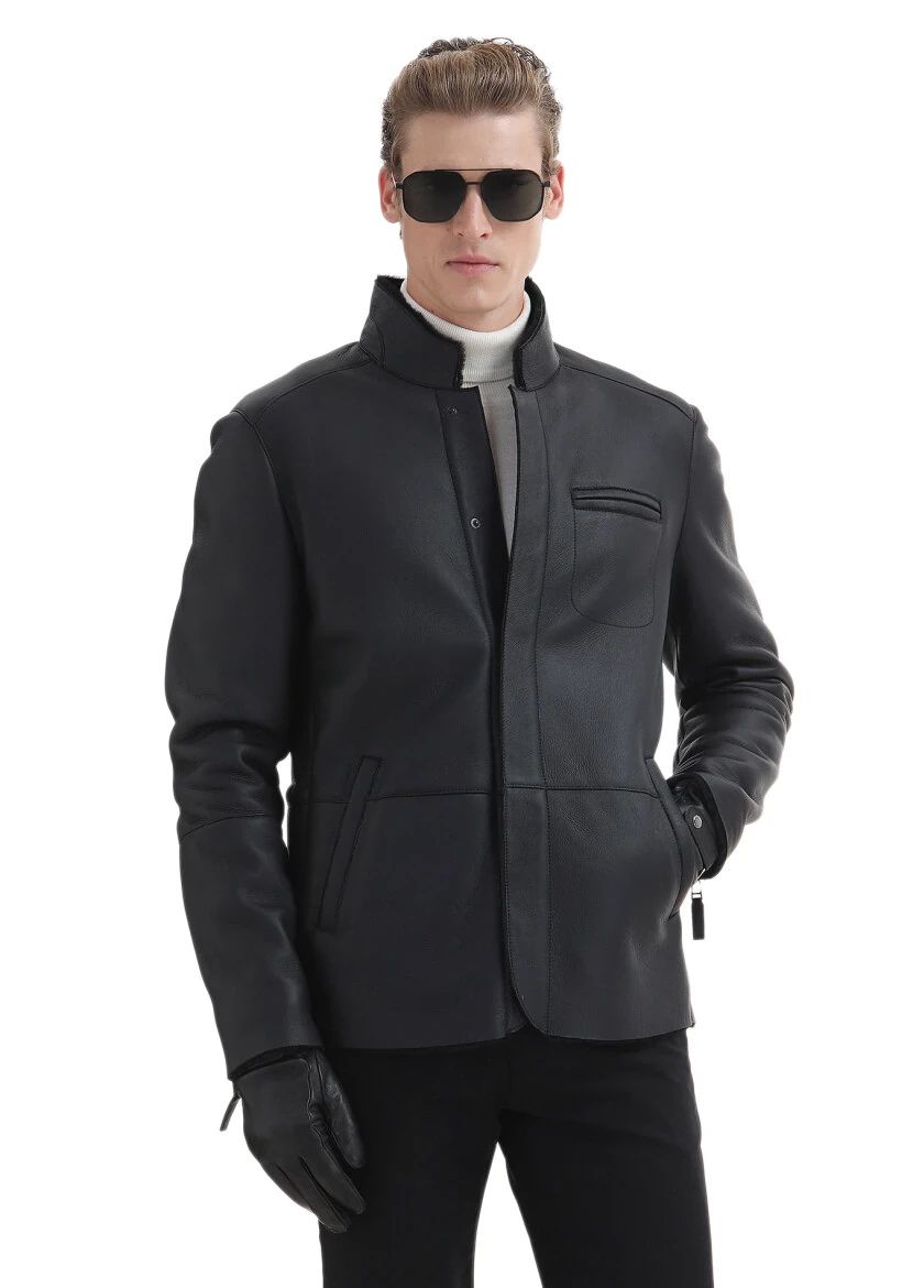 Siyah Regular Fit Dik Yaka Casual Kürk Deri Mont - RAMSEY