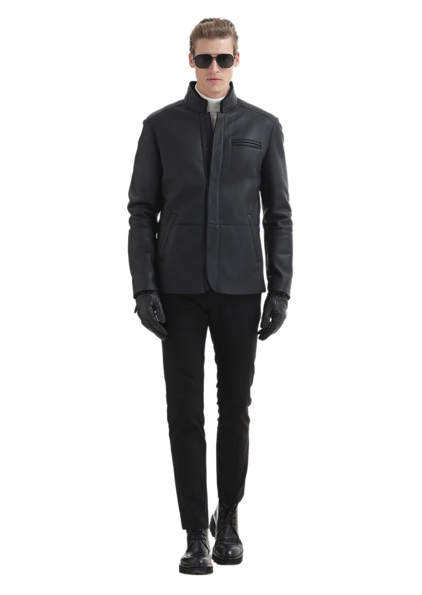 Siyah Regular Fit Dik Yaka Casual Kürk Deri Mont - RAMSEY