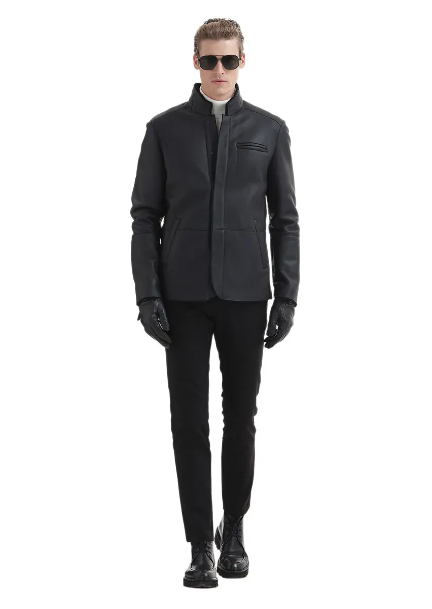 Siyah Regular Fit Dik Yaka Casual Kürk Deri Mont - 2