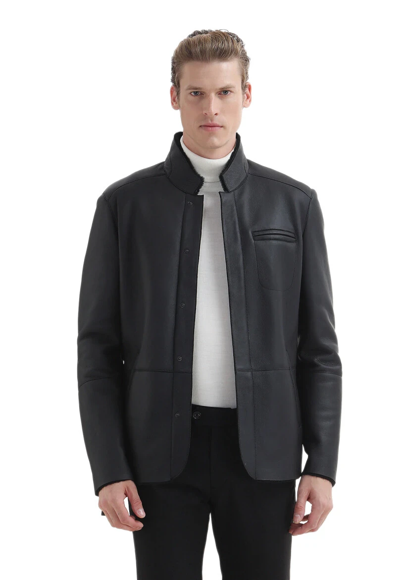 Siyah Regular Fit Dik Yaka Casual Kürk Deri Mont - 3