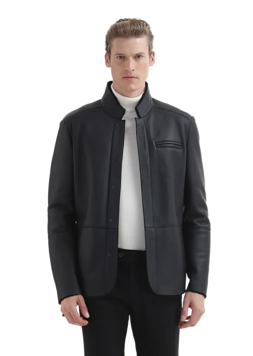 Siyah Regular Fit Dik Yaka Casual Kürk Deri Mont - 3