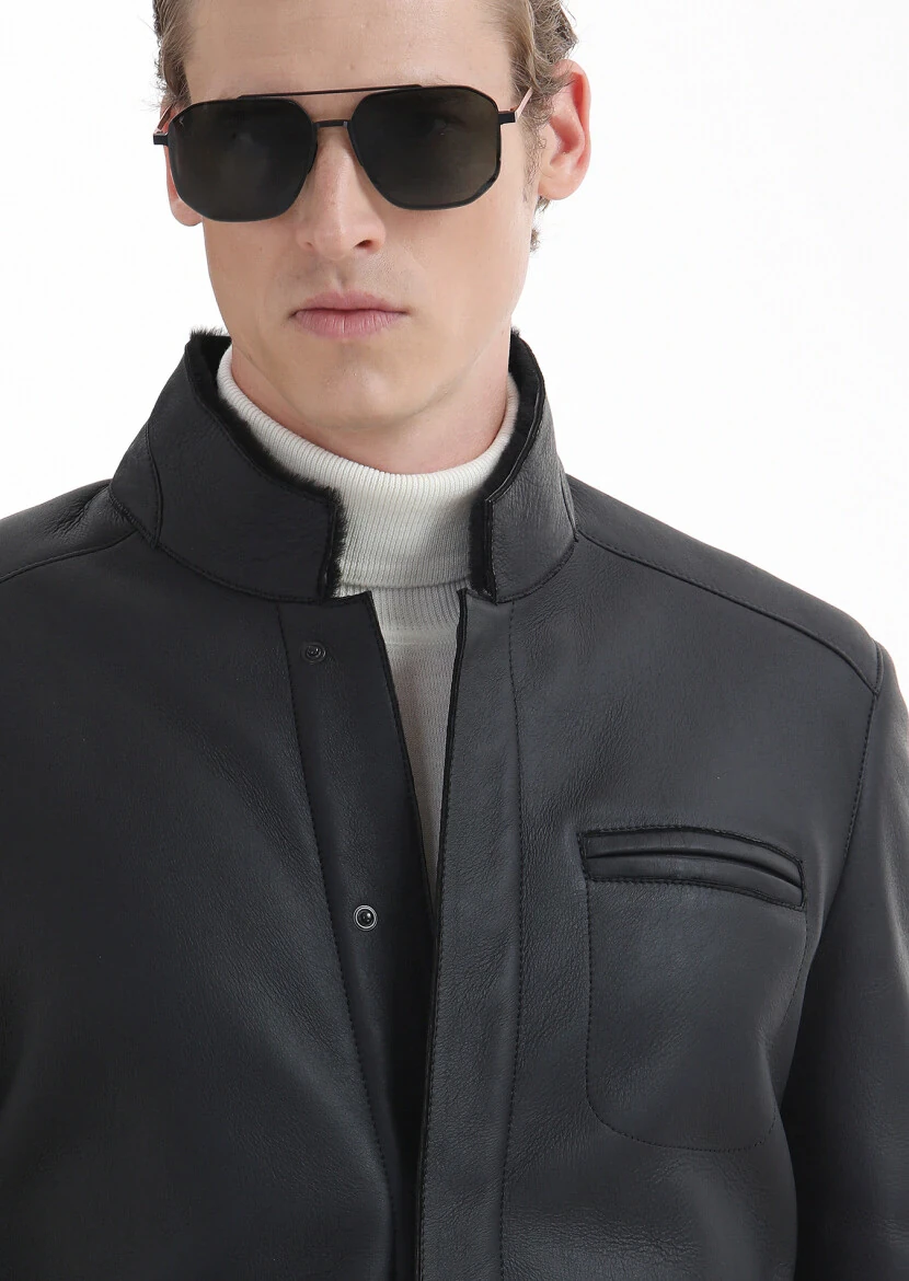 Siyah Regular Fit Dik Yaka Casual Kürk Deri Mont - 4