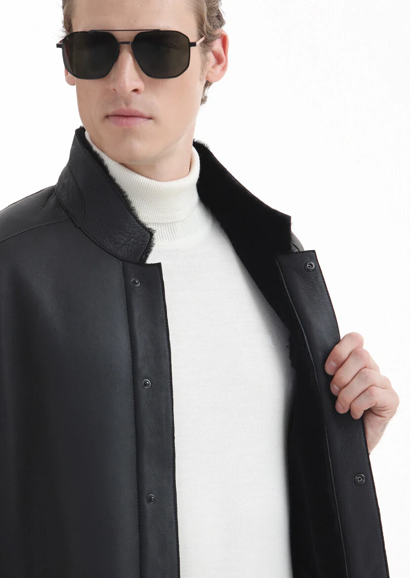 Siyah Regular Fit Dik Yaka Casual Kürk Deri Mont - 7