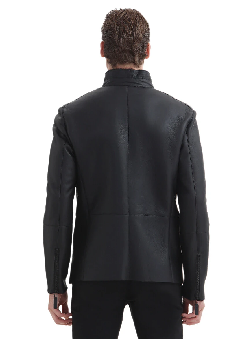 Siyah Regular Fit Dik Yaka Casual Kürk Deri Mont - 9