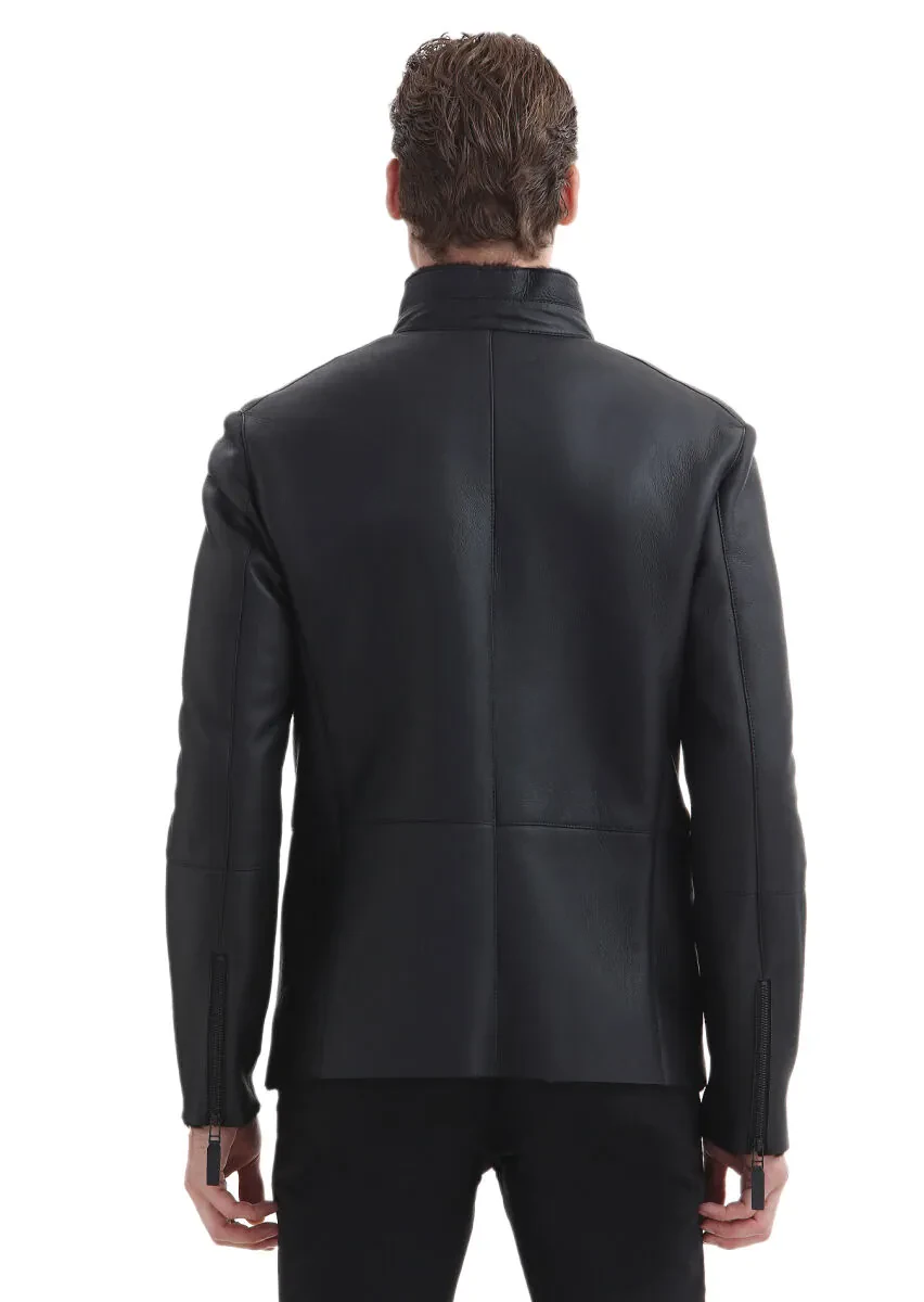 Siyah Regular Fit Dik Yaka Casual Kürk Deri Mont - 9