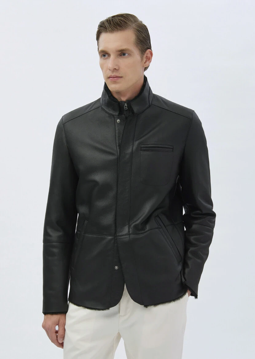 Siyah Regular Fit Dik Yaka Casual Kürk Deri Mont - 4