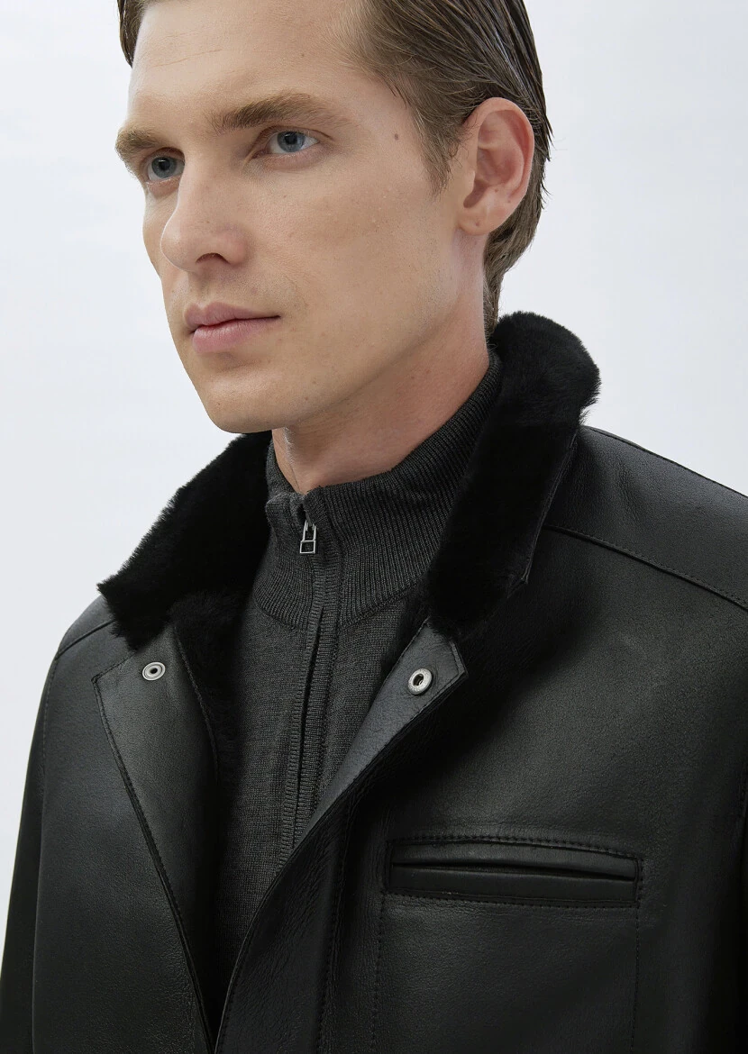 Siyah Regular Fit Dik Yaka Casual Kürk Deri Mont - 6