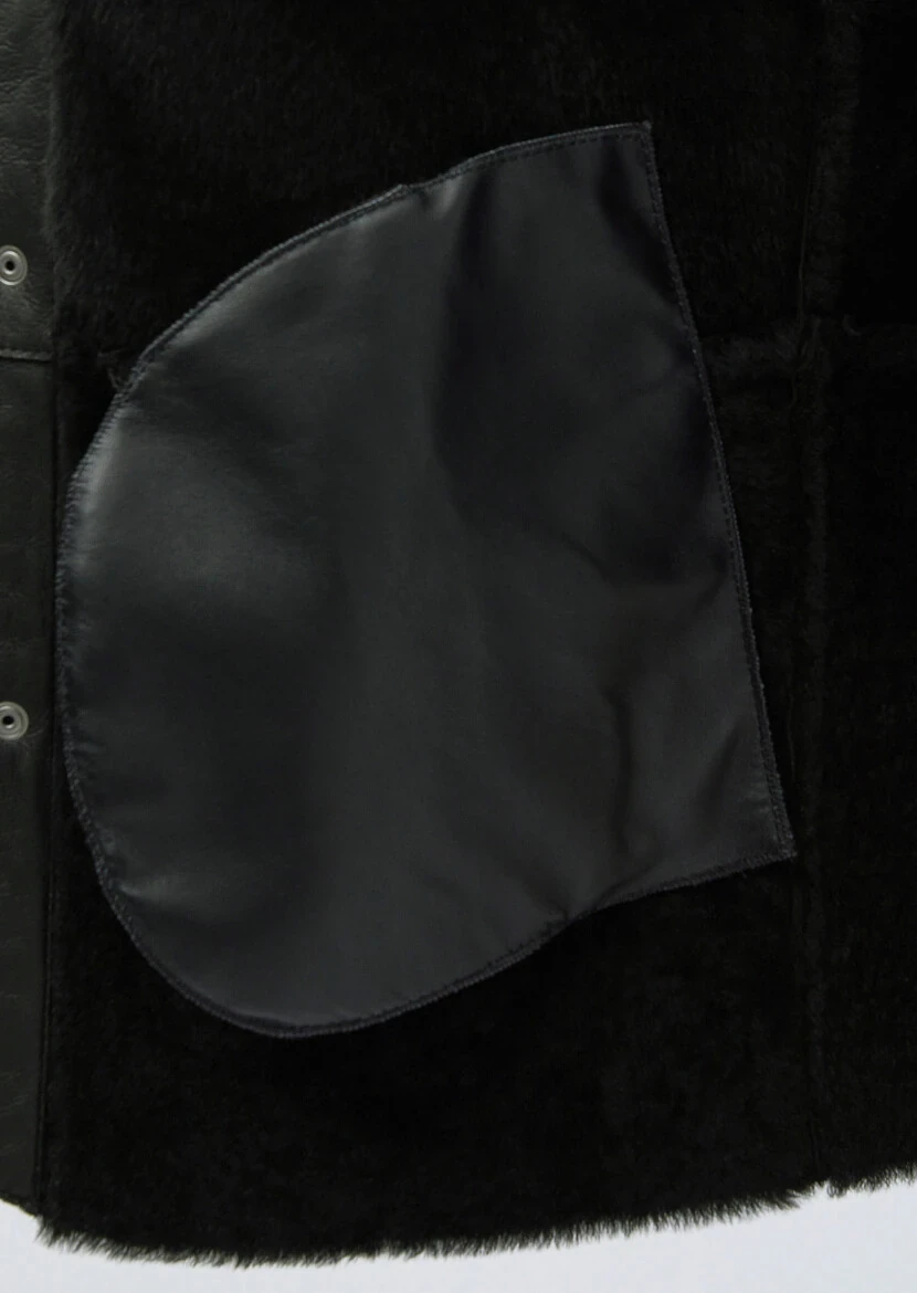 Siyah Regular Fit Dik Yaka Casual Kürk Deri Mont - 7