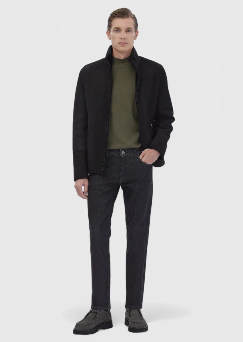 Siyah Regular Fit Dik Yaka Casual Kürk Deri Mont - 2