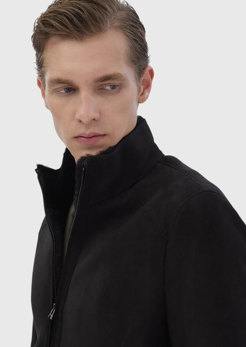 Siyah Regular Fit Dik Yaka Casual Kürk Deri Mont - 4