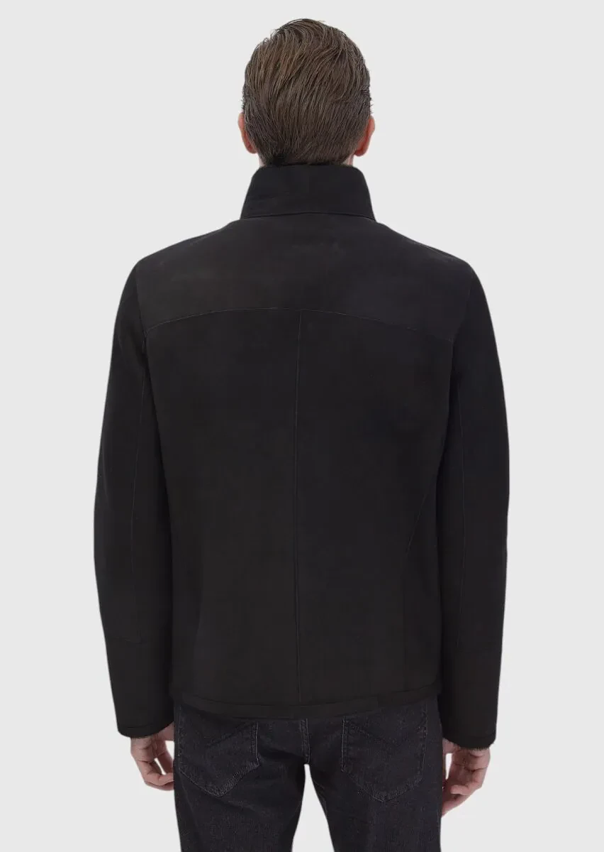 Siyah Regular Fit Dik Yaka Casual Kürk Deri Mont - 8