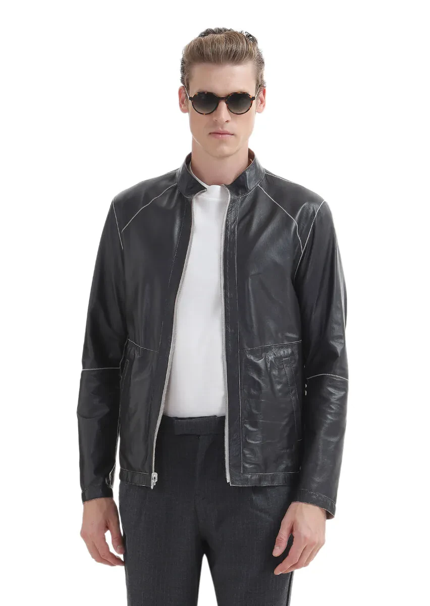 Siyah Regular Fit Dik Yaka Casual Süet Çift Taraflı Deri Mont - 1