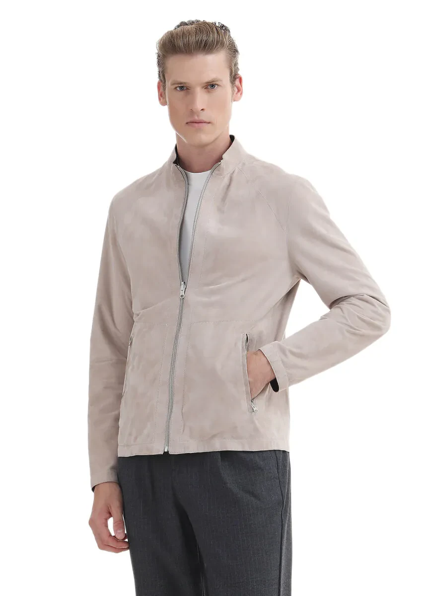 Siyah Regular Fit Dik Yaka Casual Süet Çift Taraflı Deri Mont - 5