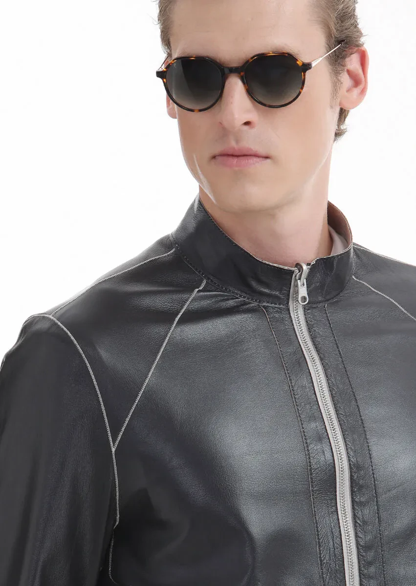 Siyah Regular Fit Dik Yaka Casual Süet Çift Taraflı Deri Mont - 8