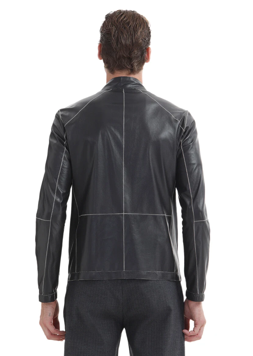 Siyah Regular Fit Dik Yaka Casual Süet Çift Taraflı Deri Mont - 10