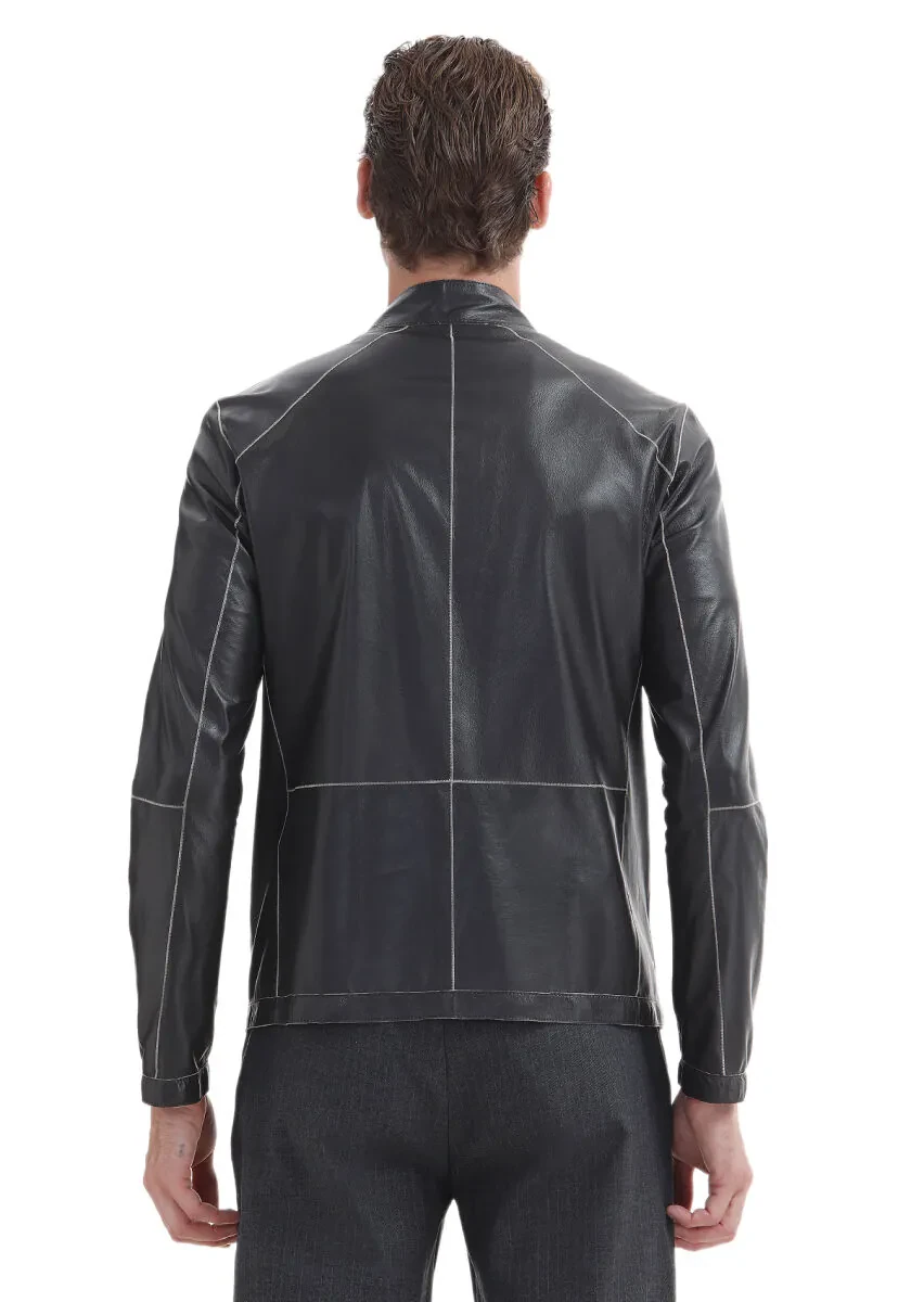 Siyah Regular Fit Dik Yaka Casual Süet Çift Taraflı Deri Mont - 10