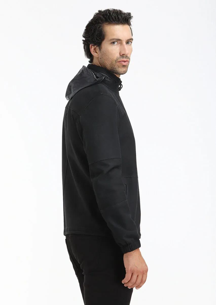 Siyah Regular Fit Dik Yaka Casual Süet Deri Mont - 4