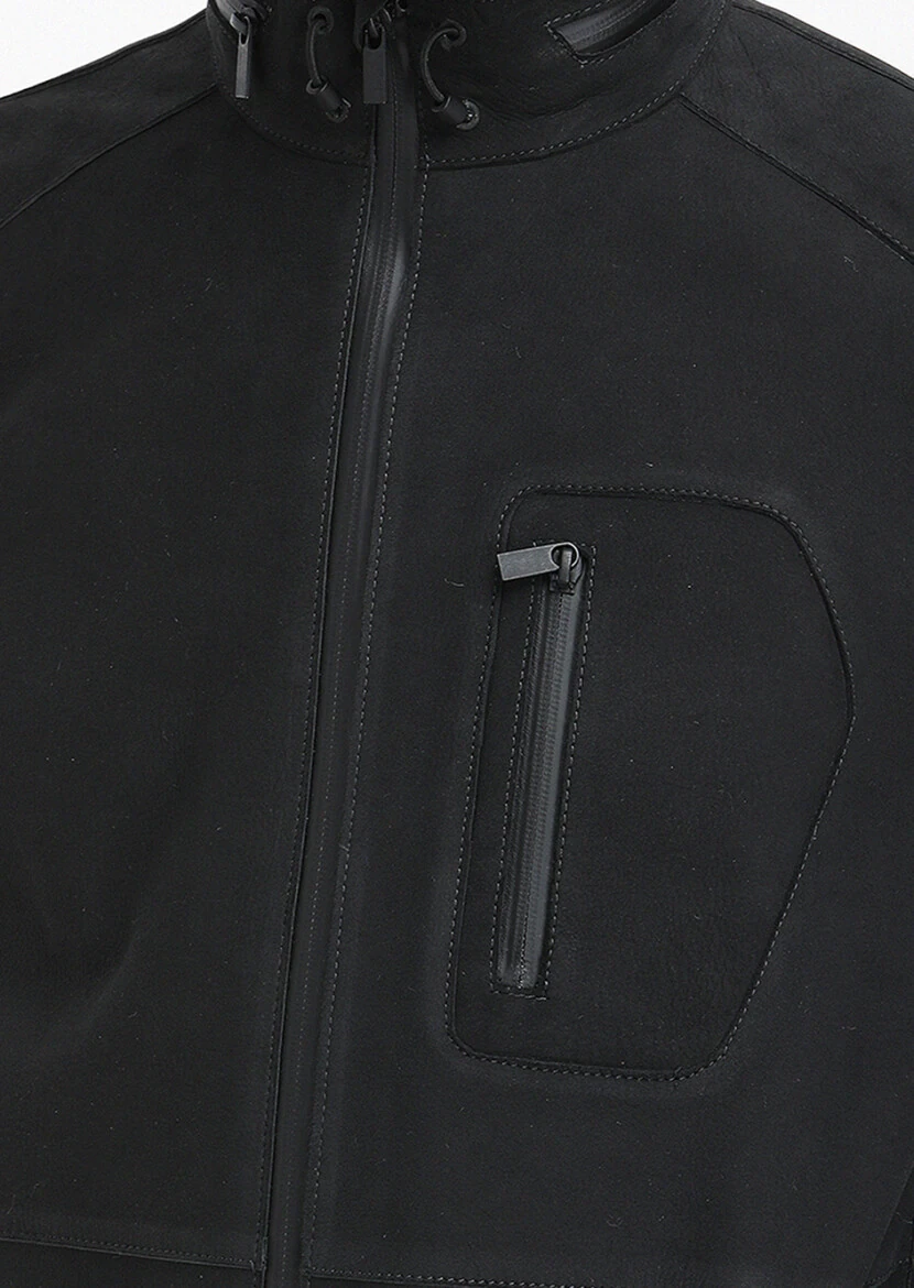 Siyah Regular Fit Dik Yaka Casual Süet Deri Mont - 5