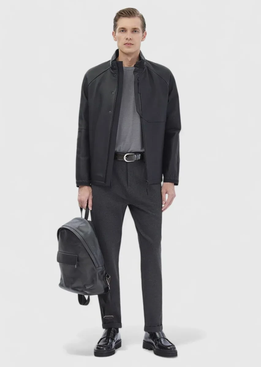 Siyah Regular Fit Dik Yaka Casual Süet Deri Mont - 2