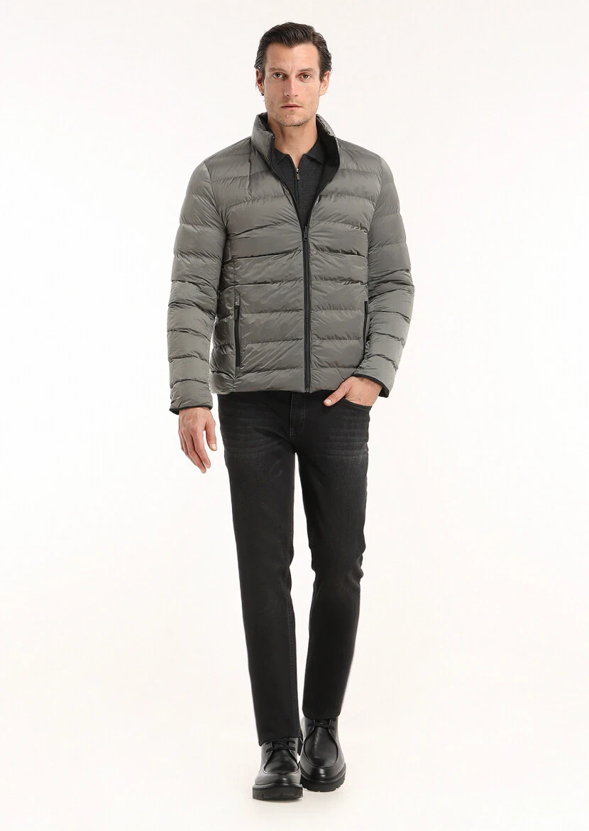 Siyah Regular Fit Gizli Kapüşon Casual Dokuma Çift Taraflı Şişme Mont - 2