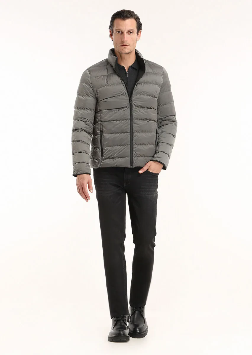 Siyah Regular Fit Gizli Kapüşon Casual Dokuma Çift Taraflı Şişme Mont - 2