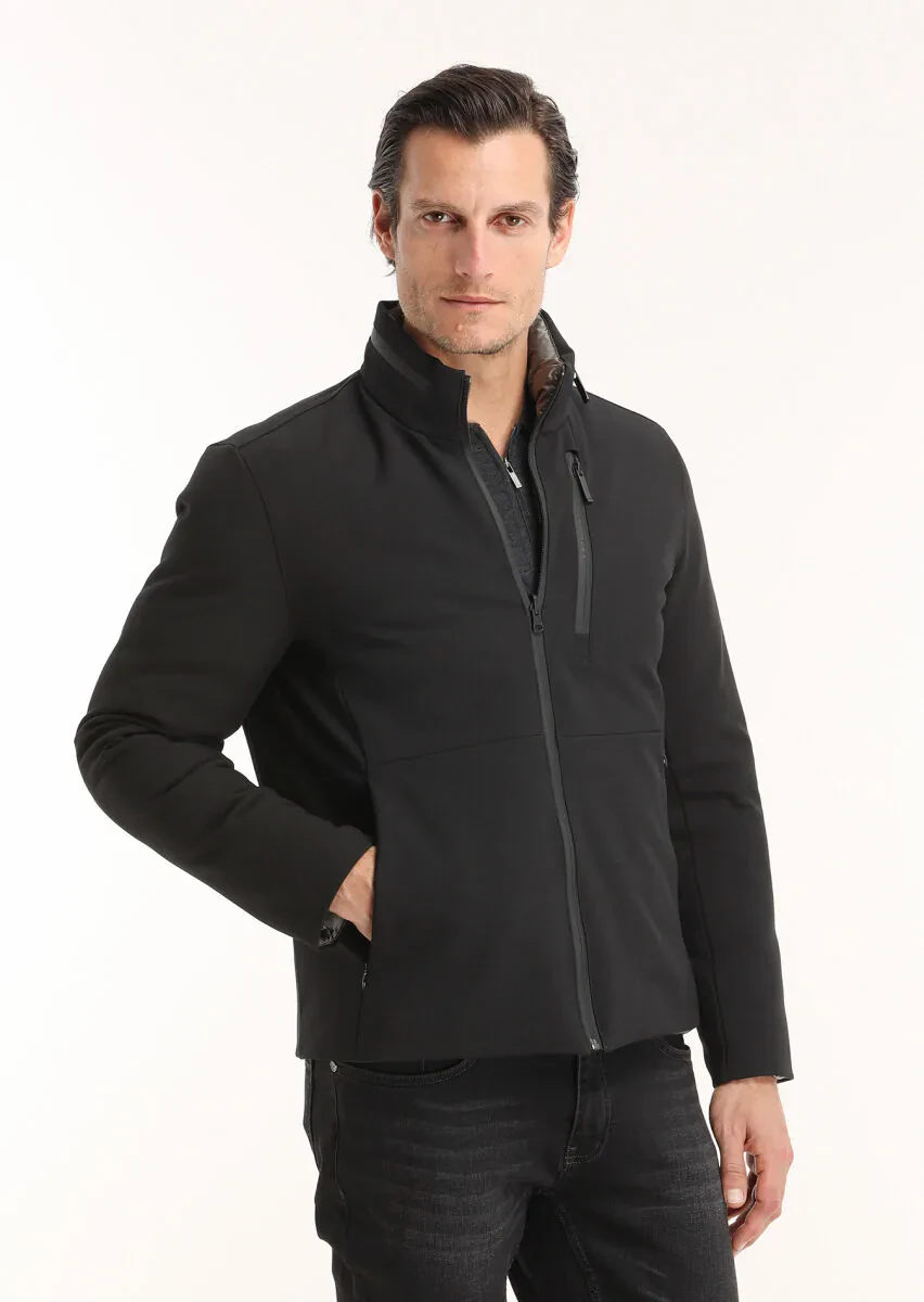 Siyah Regular Fit Gizli Kapüşon Casual Dokuma Çift Taraflı Şişme Mont - 3