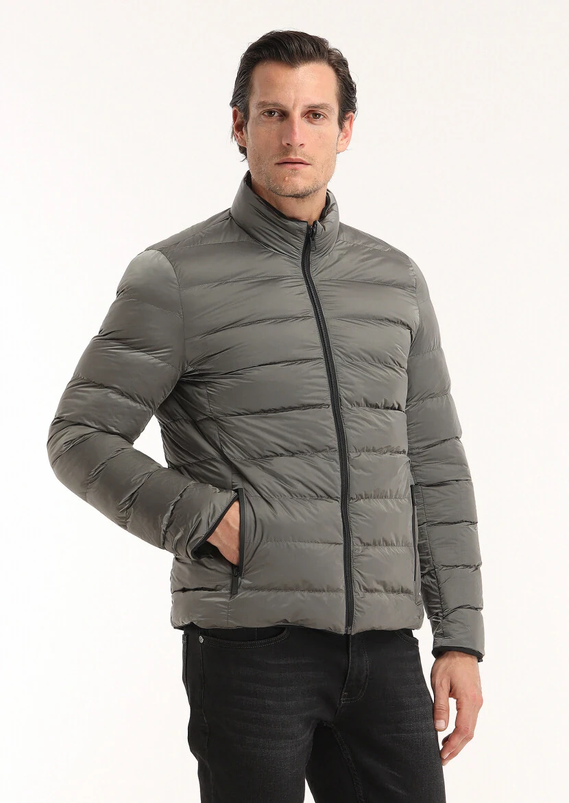 Siyah Regular Fit Gizli Kapüşon Casual Dokuma Çift Taraflı Şişme Mont - 5