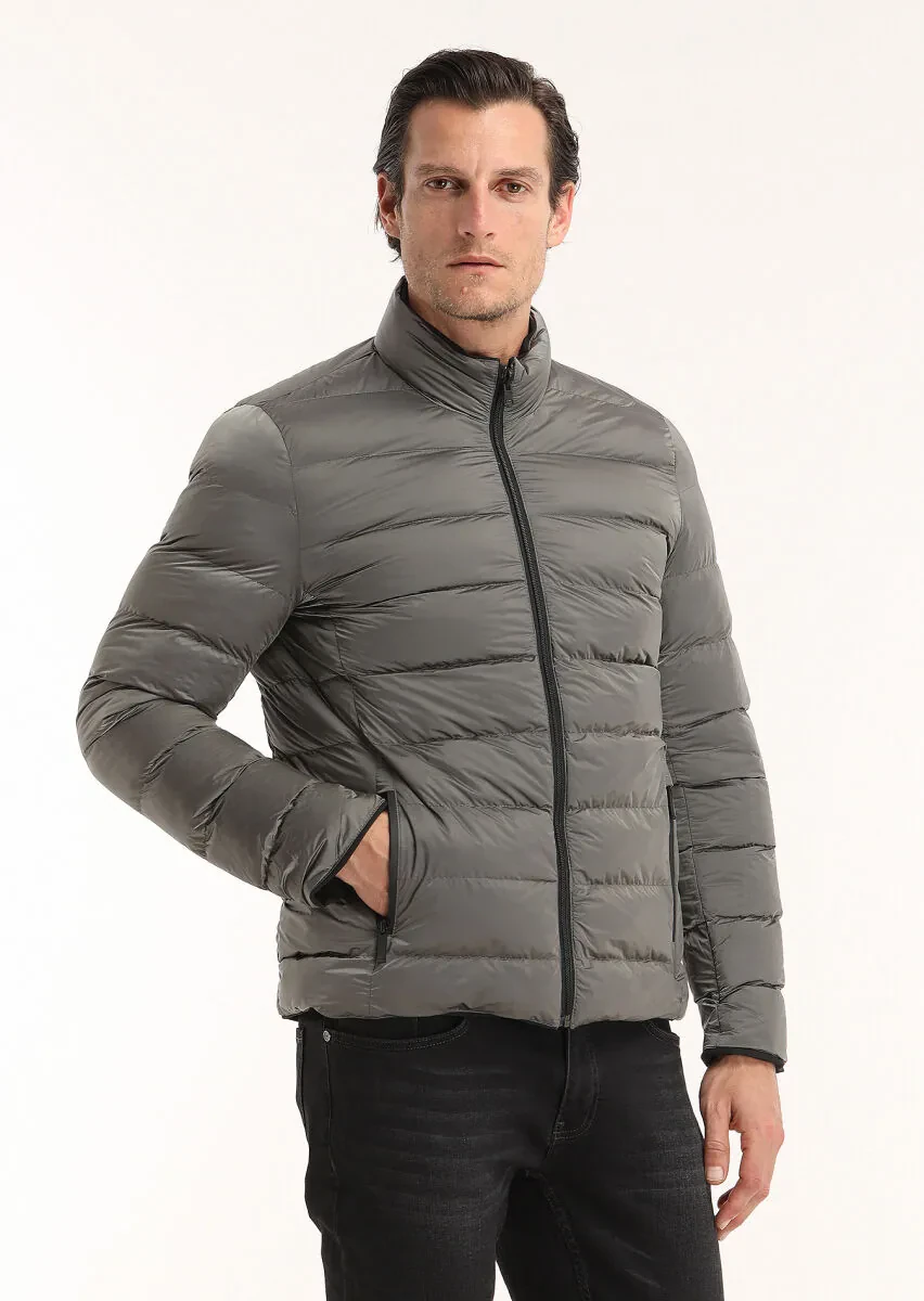 Siyah Regular Fit Gizli Kapüşon Casual Dokuma Çift Taraflı Şişme Mont - 5