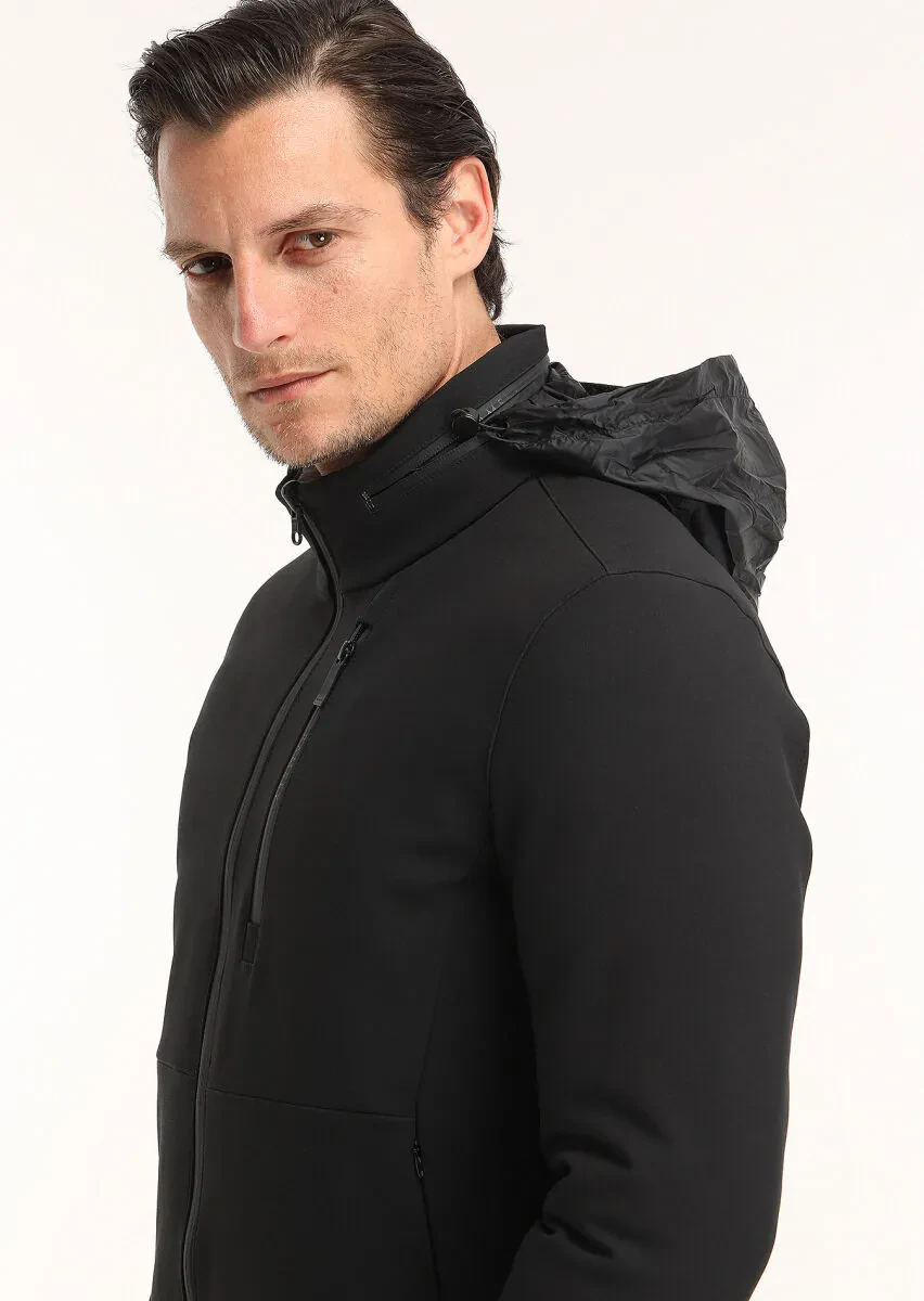 Siyah Regular Fit Gizli Kapüşon Casual Dokuma Çift Taraflı Şişme Mont - 6
