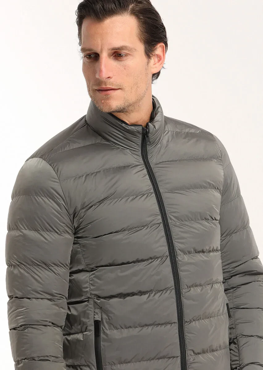 Siyah Regular Fit Gizli Kapüşon Casual Dokuma Çift Taraflı Şişme Mont - 7