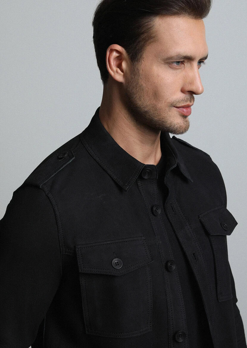 Siyah Regular Fit Gömlek Yaka Casual Deri Deri Mont - 1