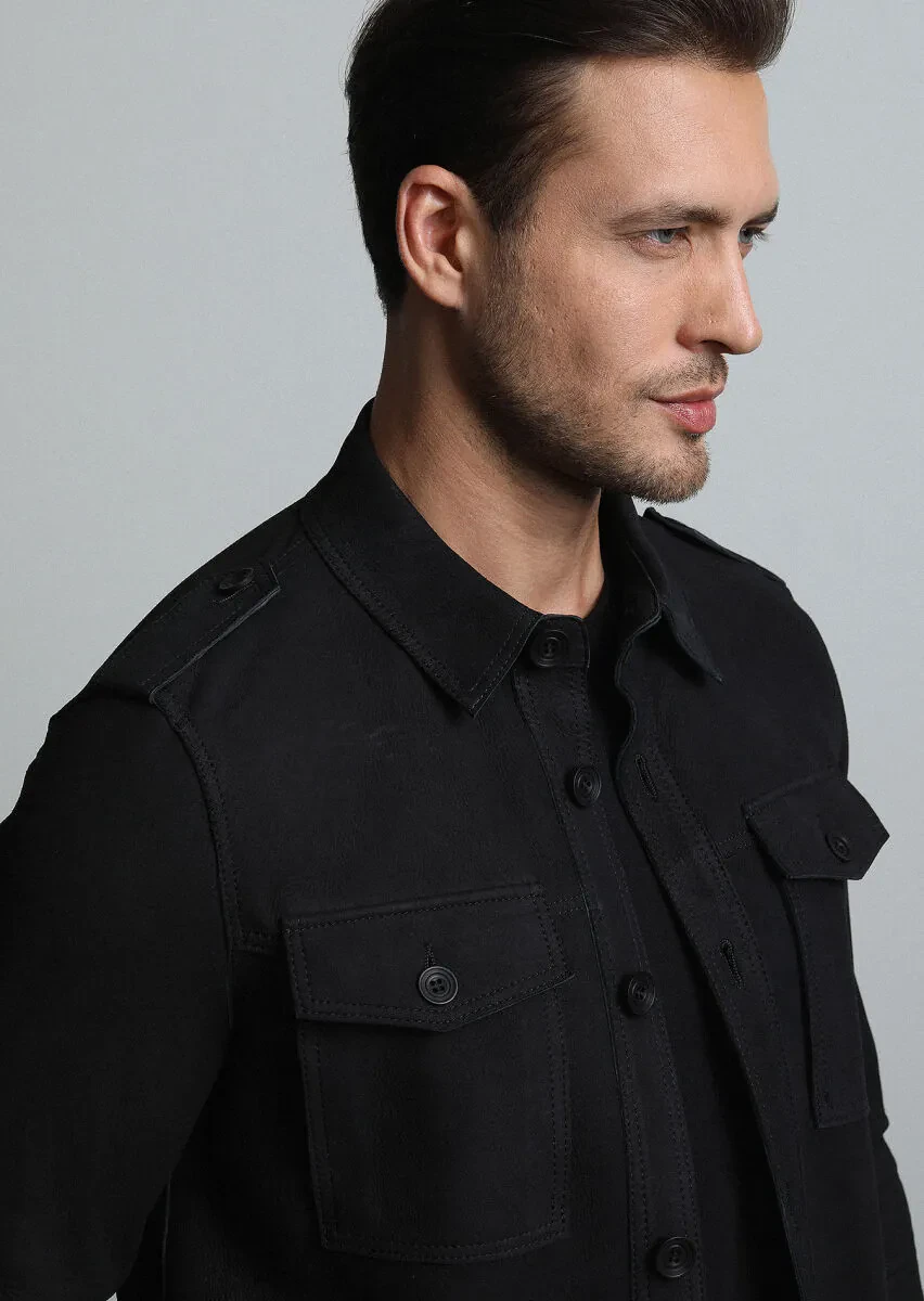 Siyah Regular Fit Gömlek Yaka Casual Deri Deri Mont - 1