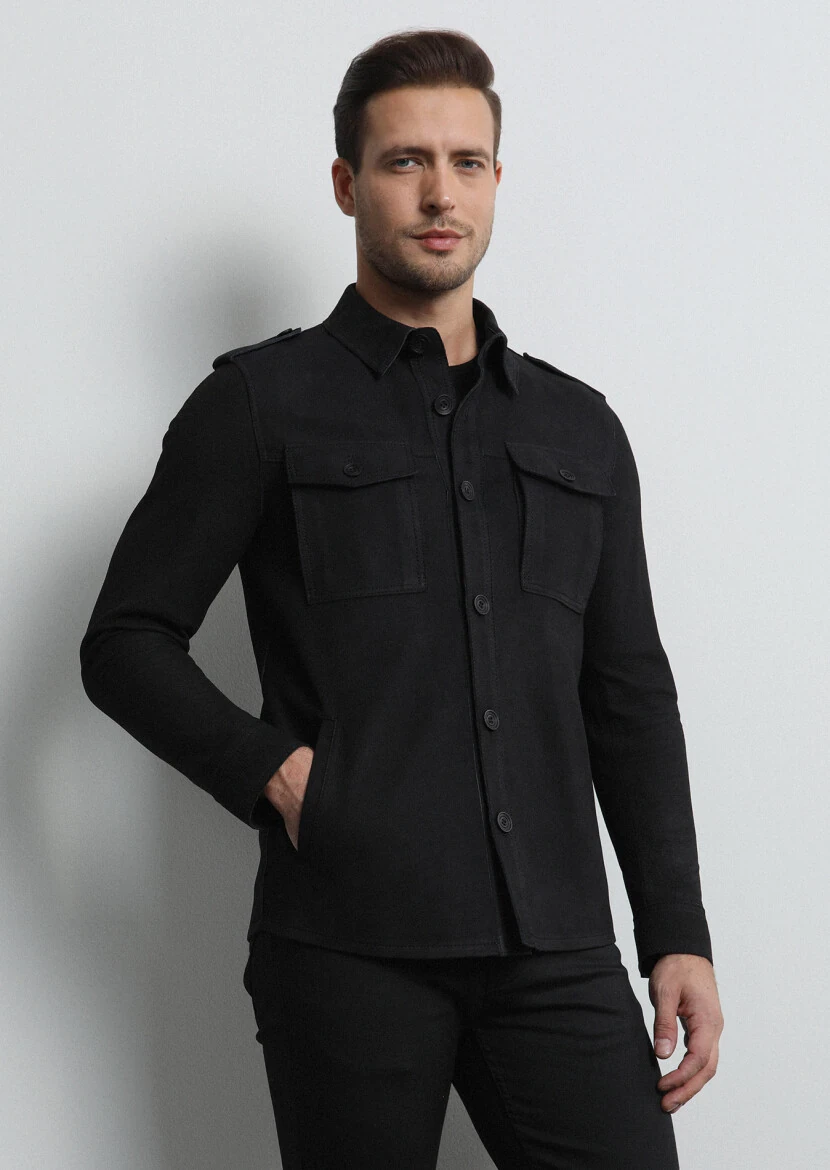 Siyah Regular Fit Gömlek Yaka Casual Deri Deri Mont - 2