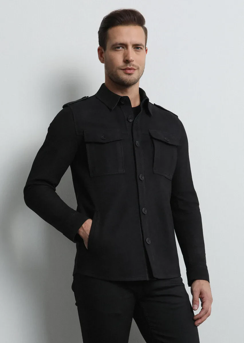 Siyah Regular Fit Gömlek Yaka Casual Deri Deri Mont - 2