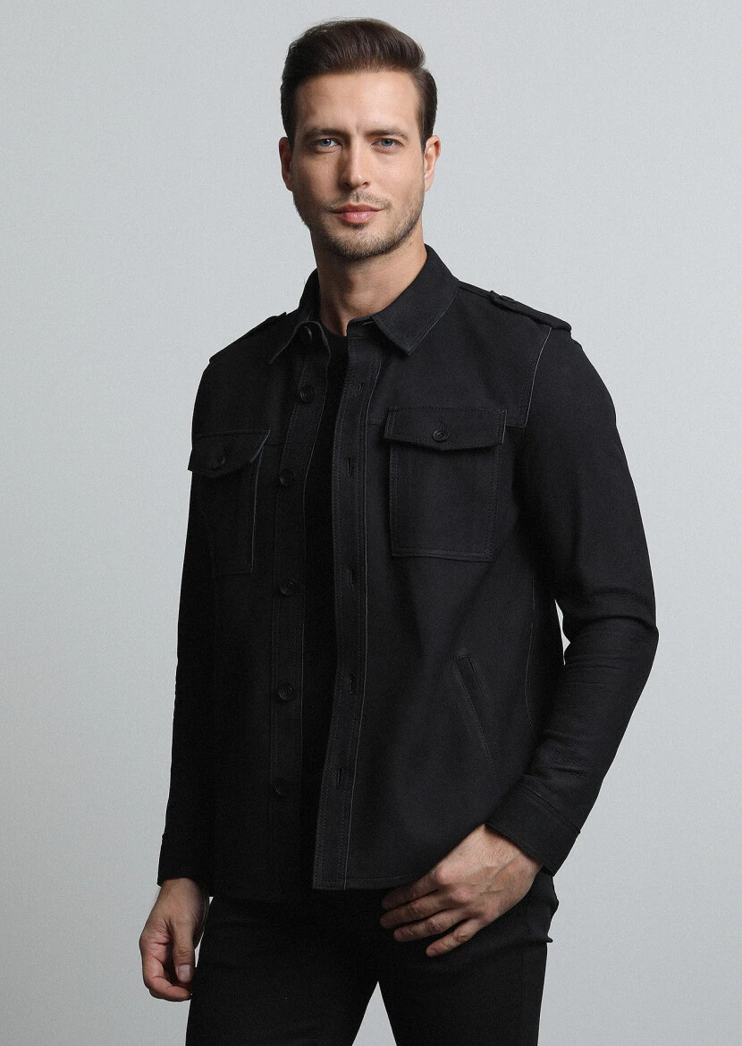 Siyah Regular Fit Gömlek Yaka Casual Deri Deri Mont - 3