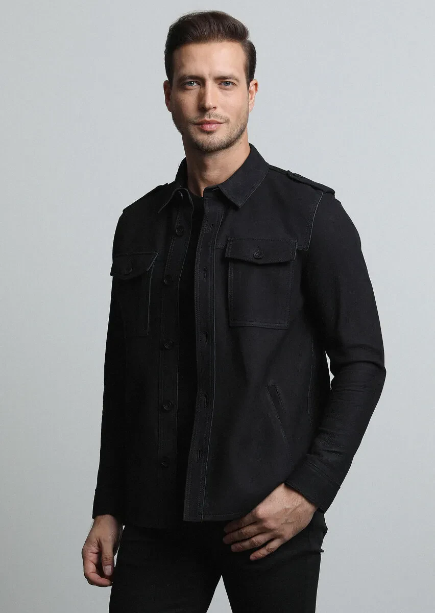 Siyah Regular Fit Gömlek Yaka Casual Deri Deri Mont - 3