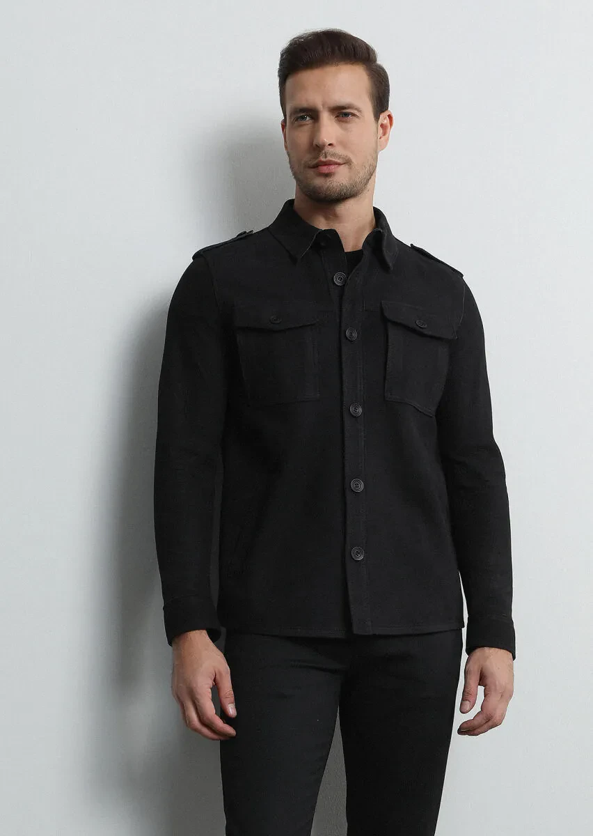 Siyah Regular Fit Gömlek Yaka Casual Deri Deri Mont - 4