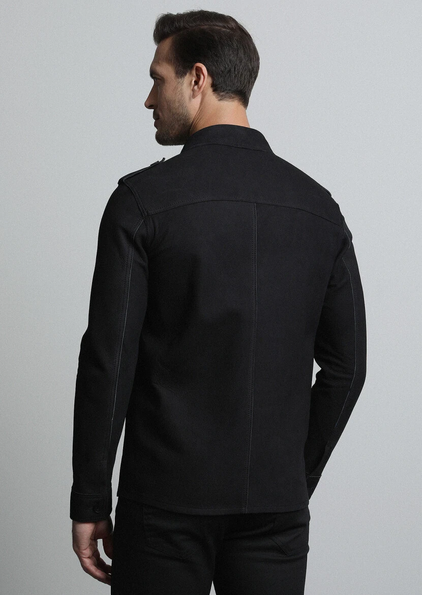 Siyah Regular Fit Gömlek Yaka Casual Deri Deri Mont - 5