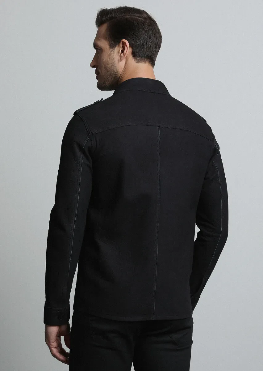 Siyah Regular Fit Gömlek Yaka Casual Deri Deri Mont - 5